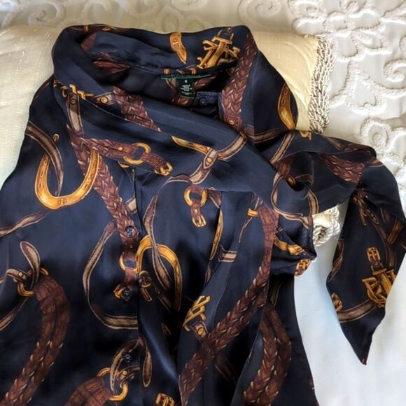 Vintage Ralph Lauren 100% Silk Equestrian Sleeveless Tie Front Blouse - Picture 7 of 12